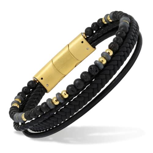 Musta nahkarannekoru kullattua terästä ja laavaa